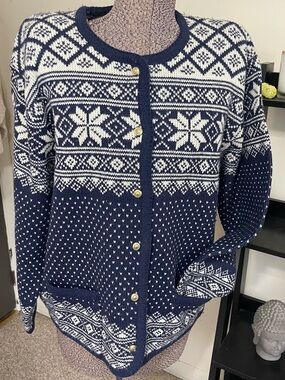 Navy and White Nordic-Pattern Button-Front Cardigan